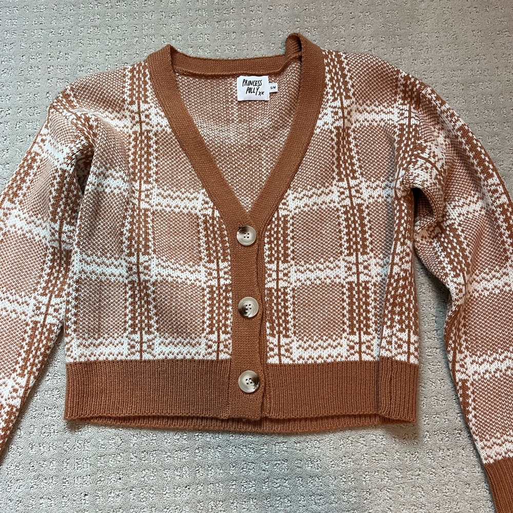 Princess Polly Checkered Button-Up Cardigan - Brown & White